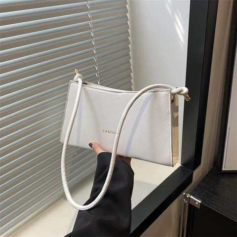 Women Fashion PU Leather Underarm Bag Minimalist Letter Print Shoulder Bag Trendy Solid Color Small Square Crossbody Bag