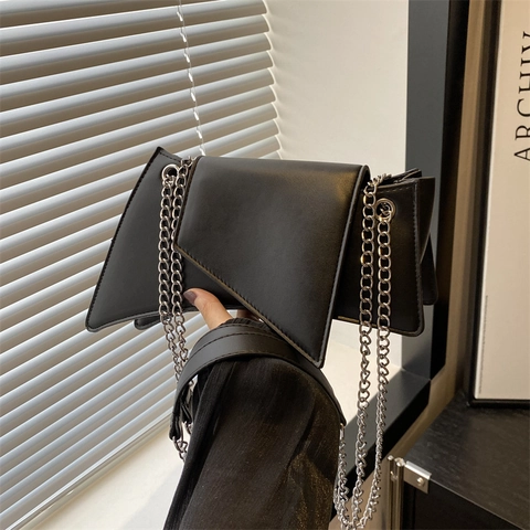 Women's Niche Design Geometric Asymmetric Underarm Bag Fashion PU Leather Small Square Shoulder Bag With Silver Chain