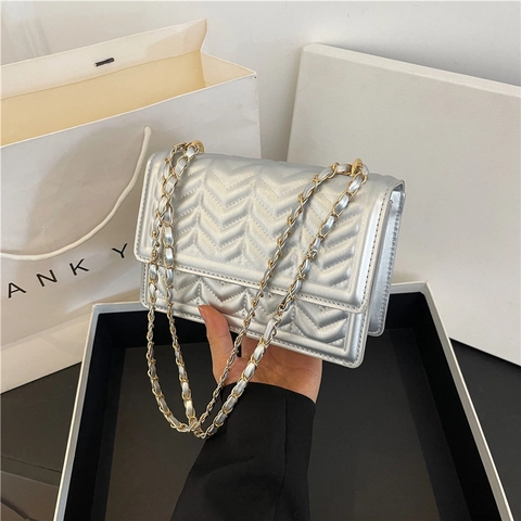 Vrouwen Mode Visgraat Gewatteerde PU-leer Ketting Schoudertas Minimalistisch Woon-werkverkeer Crossbody Kleine Vierkante Tas