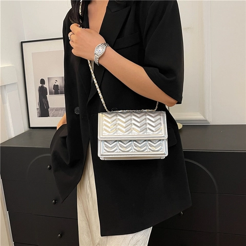 Vrouwen Mode Visgraat Gewatteerde PU-leer Ketting Schoudertas Minimalistisch Woon-werkverkeer Crossbody Kleine Vierkante Tas
