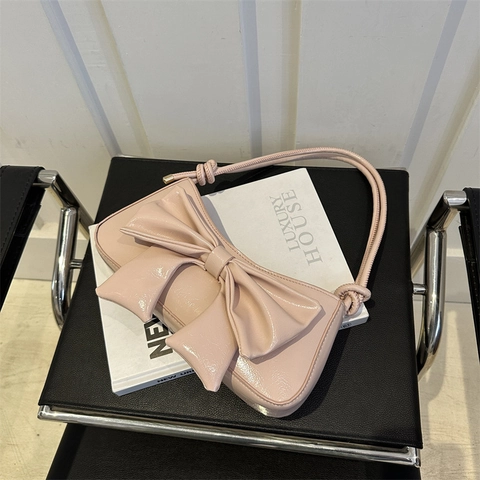 Borsa Sottobraccio in Pelle PU Lucida da Donna Moda Decorazione con Grande Fiocco Tracolla con Nodo Chic Tinta Unita Casual