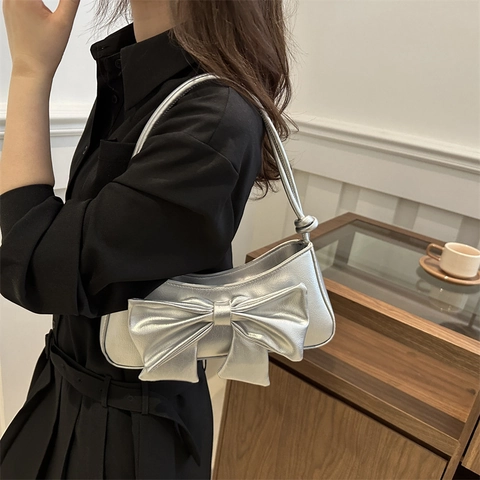 Borsa Sottobraccio in Pelle PU Lucida da Donna Moda Decorazione con Grande Fiocco Tracolla con Nodo Chic Tinta Unita Casual