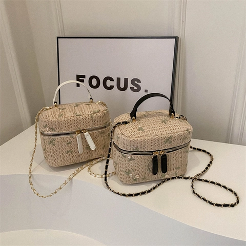 Damen Fashion Gewebte Stroh Eimertasche Mit Blumenstickerei Kette Schulterriemen Kleine Handtasche Für Sommer Strand Urlaub