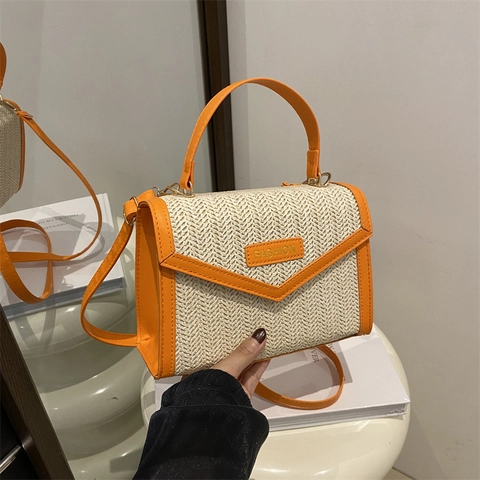 Women Straw Woven Handbag Contrast Splicing PU Leather Small Square Crossbody Bag Summer Beach Vacation Daily Fashion Satchel