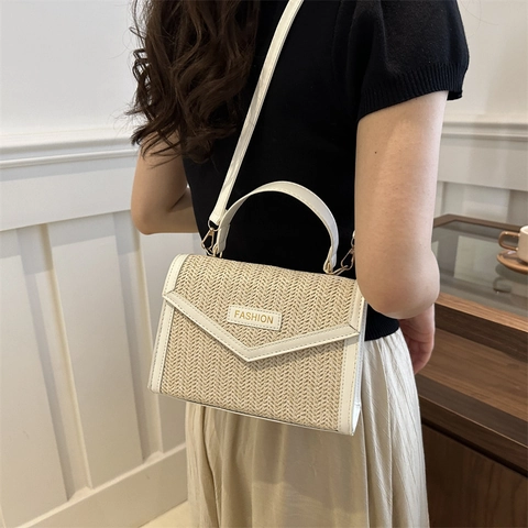 Fashion Woven Patchwork PU Leather Small Square Crossbody Bag For Women Trendy Summer Vacation Top Handle Shoulder Bag
