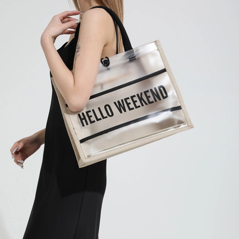 Borsa Tote Trasparente In PVC E Juta Da Donna Borsa A Mano Grande Capacità Stampa Lettera Mandala Moda Shopping Spiaggia