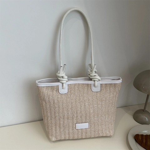 Damen Gewebte Stroh Tote Tasche Große Kapazität Sommer Strand Urlaub Freizeit Schultertasche Mit Geknoteten PU Lederriemen