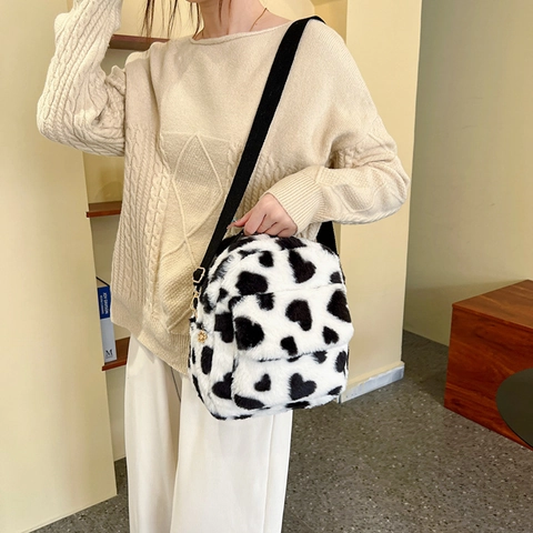 Mini Zaino In Peluche Kawaii Stampa Cuore Mucca Ecopelliccia Piccolo Zainetto Per Ragazze Donne Stile Y2K Alla Moda Borsa