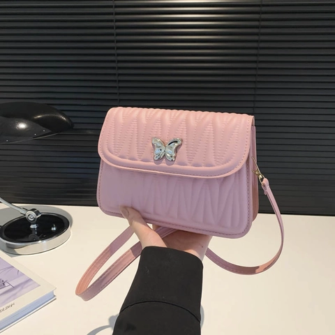 Bolso de Hombro para Mujer Diseño Francés Cuero PU Patrón de Ondas Acolchado Hebilla de Mariposa Plateada Bolso Bandolera