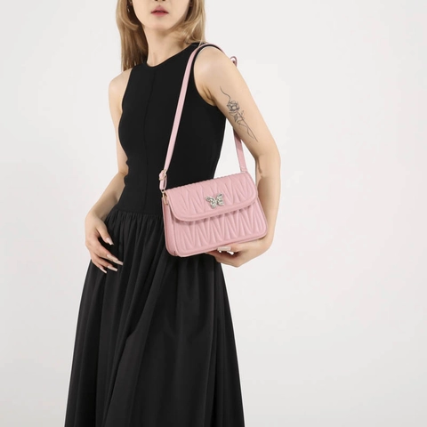 Bolso de Hombro para Mujer Diseño Francés Cuero PU Patrón de Ondas Acolchado Hebilla de Mariposa Plateada Bolso Bandolera