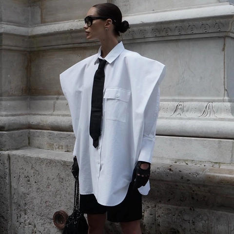 Chemisier Oversize À Épaules Larges Femmes Blouse Manches Longues Coton Polyester Avec Cravate Urbain Avant-Garde Blanc