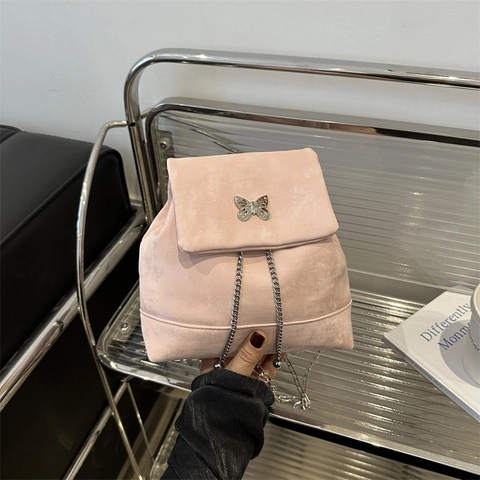 Trendy Women Mini Backpack With Butterfly Metal Buckle Silver Chain Strap PU Leather Velvet Texture Drawstring Bag