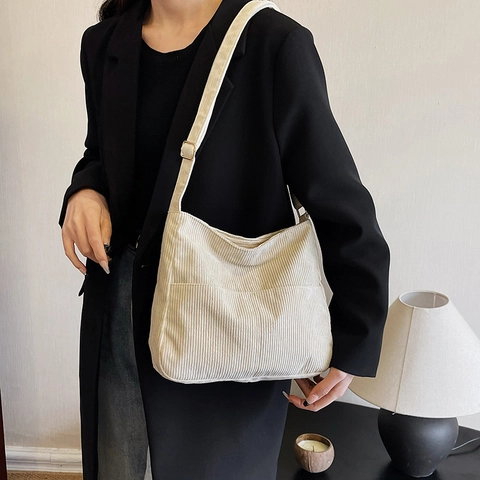 Borsa A Spalla In Velluto A Coste Donna Grande Capacità Vintage Hobo Tote Con Tracolla Regolabile Tasca Frontale Casual Minimalista
