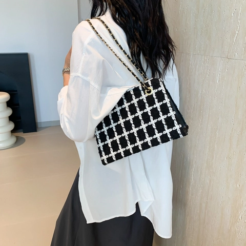 Bolso de Hombro Elegante de Tweed a Cuadros para Mujer Color de Contraste Cadena de Metal Bolso de Mano Moda para Dama