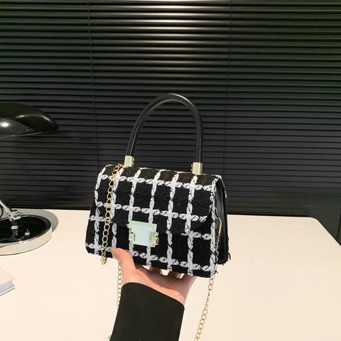 Dames Tweed Ketting Schoudertas Elegant Ruit Kleine Vierkante Tas Met Handvat Mode Crossbody Tas Voor Dames Dagelijks Feest