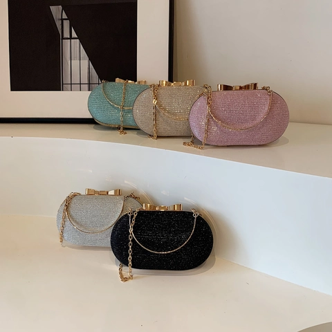 Elegant Women Evening Clutch Bag Glitter Sequin PU Oval Handbag With Bow Clasp Metal Ring Handle And Detachable Chain