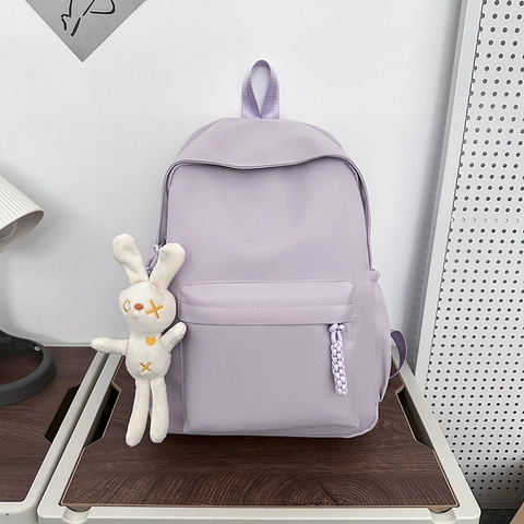 Mochila Escolar de Nylon de Color Sólido Estilo Preppy para Mujer Mochila de Estudiante de Gran Capacidad Con Lindo Colgante de Conejo de Peluche