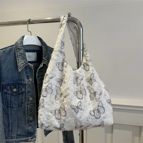 Vlinderprint Tote Bag Dames Grote Capaciteit Jacquard Getextureerde Schoudertas Met Franjes Casual Retro Handtas
