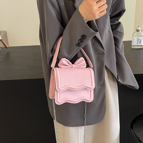 Women Crossbody Shoulder Bag PU Leather Bowknot Wave Edge Flap Metal Chain Strap Sweet Elegant Small Square Handbag