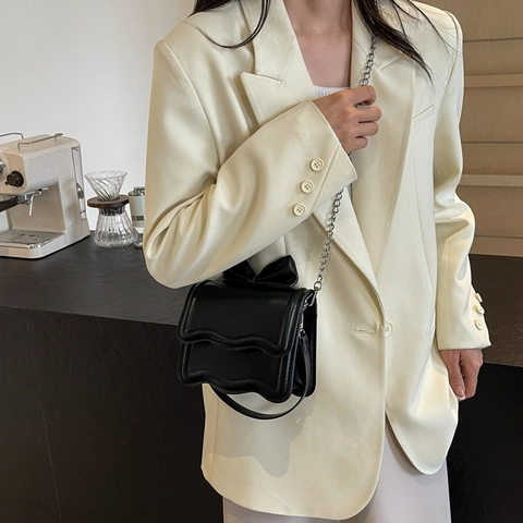 Women Crossbody Shoulder Bag PU Leather Bowknot Wave Edge Flap Metal Chain Strap Sweet Elegant Small Square Handbag