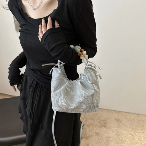 Women Marble Pattern Pleated Cloud Shoulder Bag With Colorful Beaded Handle Drawstring Crossbody Satin Fabric Handbag