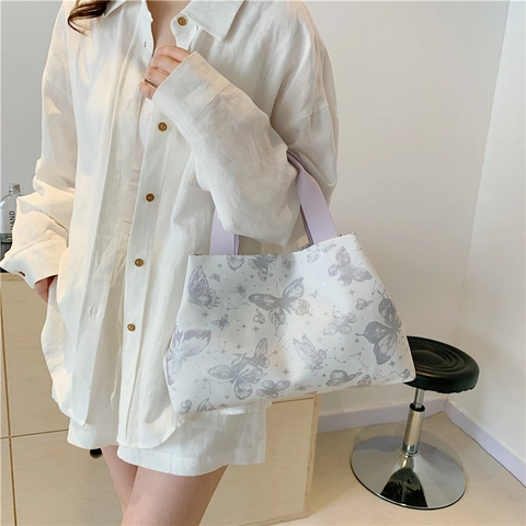 Butterfly Print Constellation Pattern Large Capacity Tote Bag PU Leather Women Commuter Shoulder Handbag Magnetic Closure