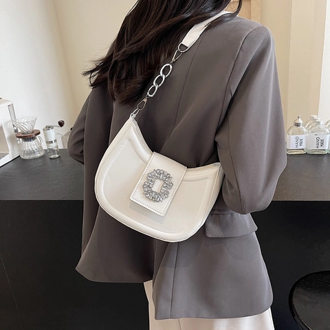 French Style Women PU Leather Underarm Bag Fashion Rhinestone Square Buckle Chain Shoulder Bag Elegant Solid Color Hobo Bag