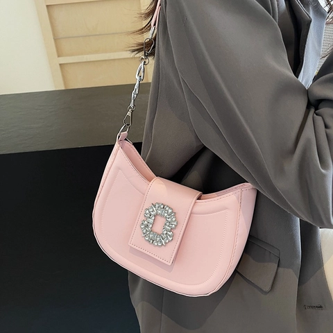 French Style Women PU Leather Underarm Bag Fashion Rhinestone Square Buckle Chain Shoulder Bag Elegant Solid Color Hobo Bag