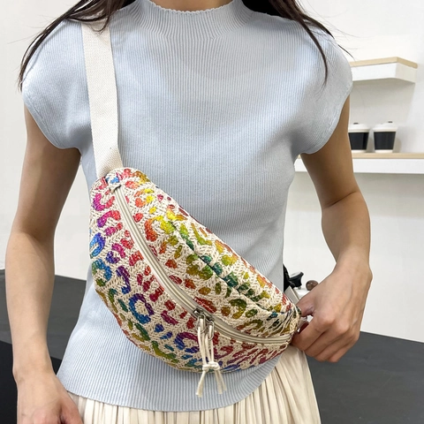 Dames Mode Gevlochten Strorieten Luipaardprint Heuptas Regenboog Veelkleurige Borsttas Verstelbare Schouderband Reis Buiten Casual Crossbody Tas