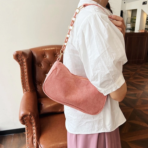 Women Vintage Corduroy Shoulder Bag Casual Underarm Baguette Bag With Stylish Chain Strap Striped Fashion Crossbody Handbag