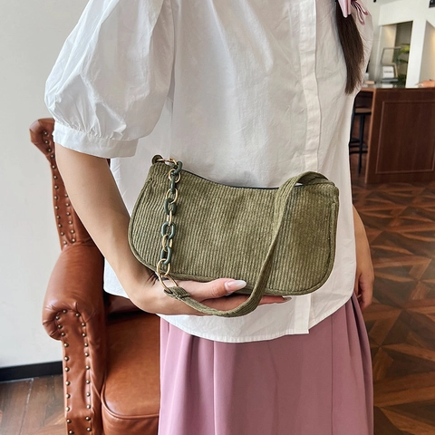 Women Vintage Corduroy Shoulder Bag Casual Underarm Baguette Bag With Stylish Chain Strap Striped Fashion Crossbody Handbag