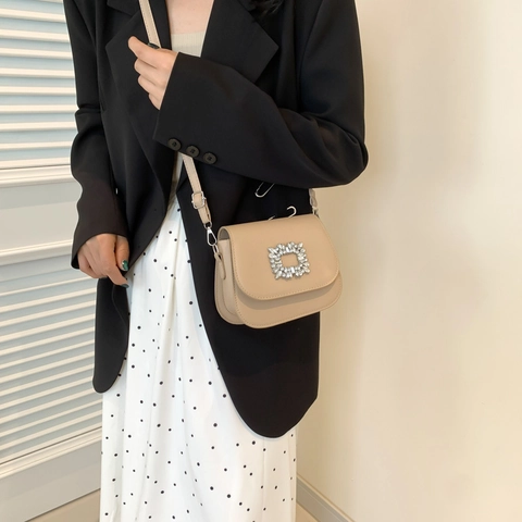 Borsa a Tracolla da Donna in Pelle PU con Fibbia Quadrata in Strass Borsa a Patta Urban Minimalist Borsa Elegante per Tutti i Giorni