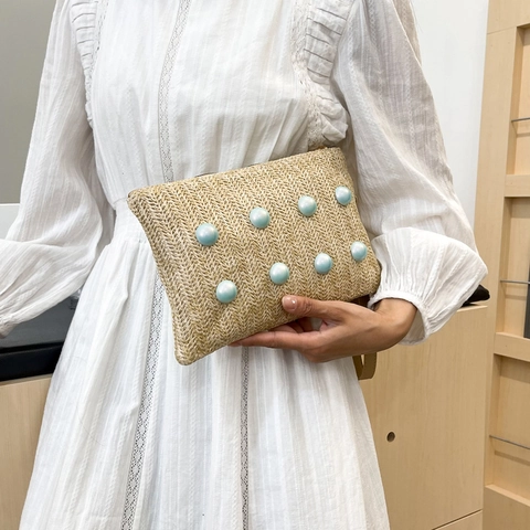 Pochette Intrecciata in Paglia Estiva da Donna Borsa da Polso per Vacanze Boho con Decorazione di Perline Borsa Moda per Feste in Spiaggia