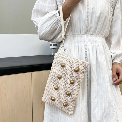 Pochette Intrecciata in Paglia Estiva da Donna Borsa da Polso per Vacanze Boho con Decorazione di Perline Borsa Moda per Feste in Spiaggia