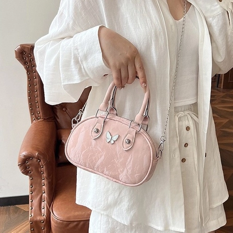 Borsa A Spalla Donna Pelle PU Trama Increspata Decoro Farfalla Borsa A Mano Chic Versatile Con Catena Argentata