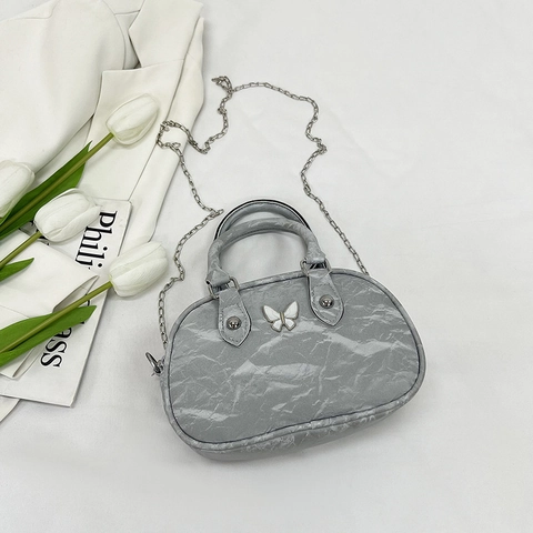 Borsa A Spalla Donna Pelle PU Trama Increspata Decoro Farfalla Borsa A Mano Chic Versatile Con Catena Argentata