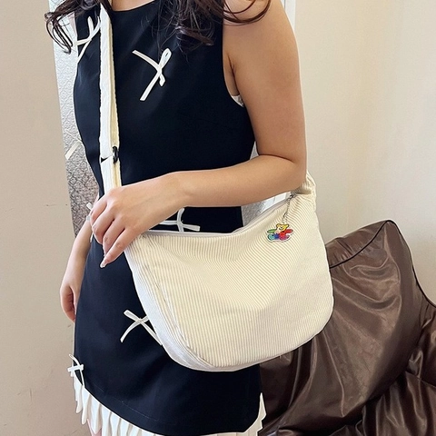 Borsa Hobo Da Donna In Velluto A Costine Borsa A Tracolla Retrò Mezzaluna Grande Capacità Borsa A Spalla Casual Con Ciondolo