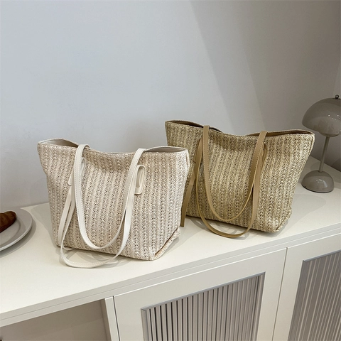 Damen Minimalistische Strohgewebte Tragetasche Sommer Strandurlaub Große Kapazität Handtasche Mit Kunstledergriff Schultertasche
