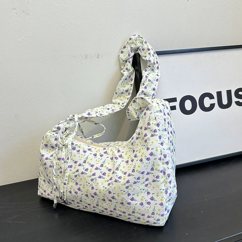 Dames Bloemen Canvas Schoudertas Geplooide Band Zoete Strik Onderarm Hobo Tas Voor Dagelijks Reizen Zomer Pastorale Stijl Tas