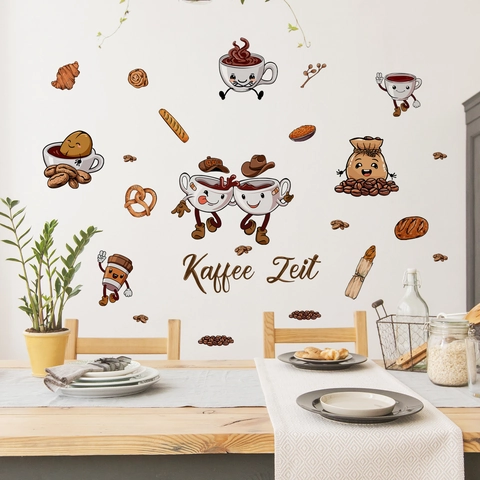 Cartoon Anthropomorphic Coffee Cup Bread Wall Stickers Self Adhesive PVC Decals For Kitchen Cafe Restaurant Home Decor