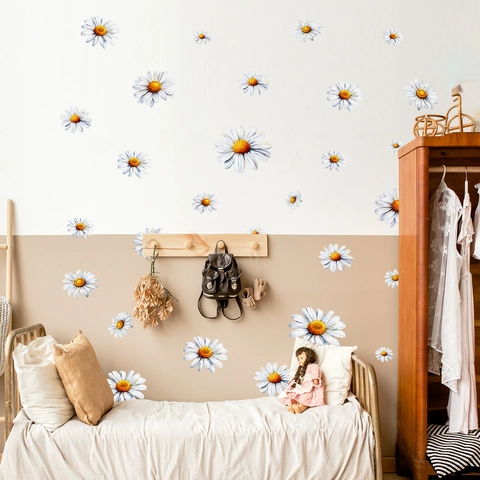 White Daisy Wall Stickers PVC Self Adhesive Waterproof Floral Decals For Home Living Room Bedroom Nursery Decor Minimalist