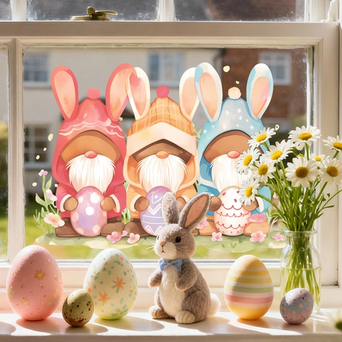 Easter Window Clings PVC Static Stickers Cute Bunny Gnome Egg Flower Pattern For Holiday Glass Decoration