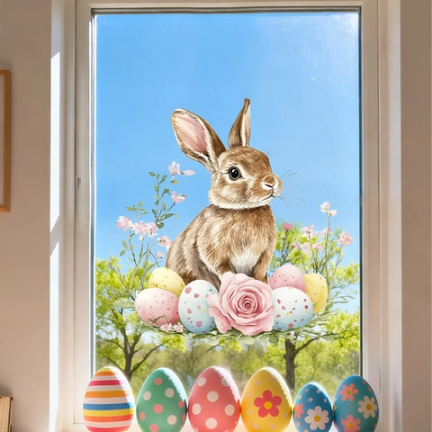 Easter Bunny Window Clings Gnomes Colored Eggs Static Stickers Double Sided Watercolor Rabbit Flower Butterfly Glass Decals For Spring Festival Home Party Decoration