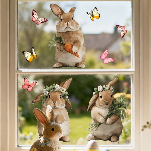Easter Window Clings PVC Static Stickers Cute Bunny Gnome Egg Flower Pattern For Holiday Glass Decoration