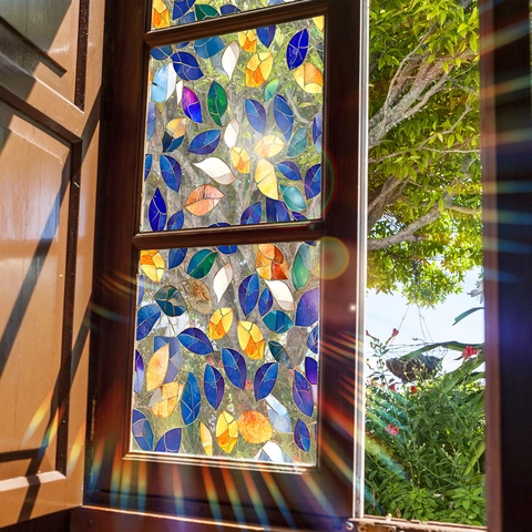 Colorful Stained Glass Window Film Rainbow Static Cling Vinyl Decorative Leaf Pattern Privacy Frosted Glass Sticker Home