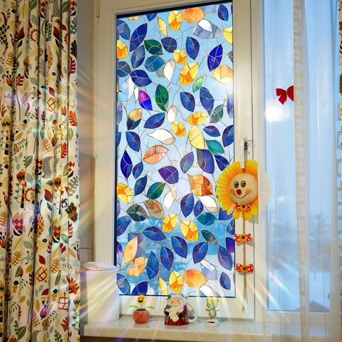 Colorful Stained Glass Window Film Rainbow Static Cling Vinyl Decorative Leaf Pattern Privacy Frosted Glass Sticker Home