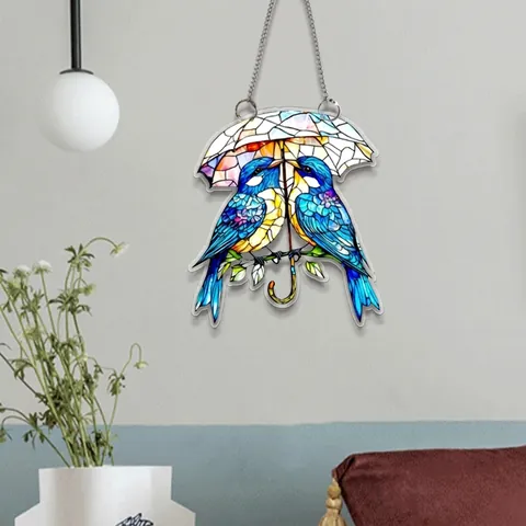 Décoration Suspendue en Acrylique Animal Dessin Animé Fleur Style Verre Teinté Art Mural Avec Chaîne en Métal Plaque de Bienvenue pour Maison Salon Chambre