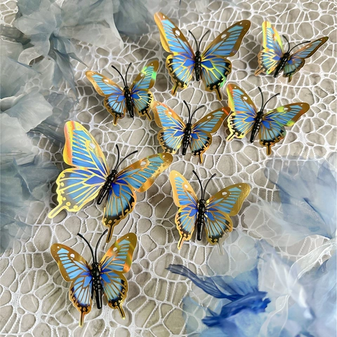 Adesivi Murali Farfalla 3D Consistenza Metallica Bordo Dorato Blu Olografico Decorazione Casa Matrimonio Festa