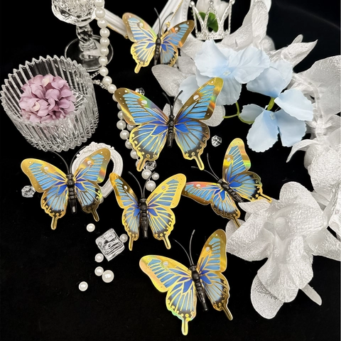 Adesivi Murali Farfalla 3D Consistenza Metallica Bordo Dorato Blu Olografico Decorazione Casa Matrimonio Festa
