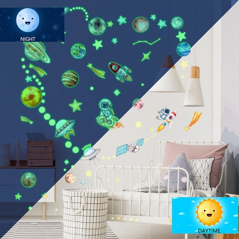 Adesivi Murali Luminosi Spazio PVC Fluorescente Astronauta Pianeti Razzi Stelle Decorazione Soffitto Camera Bambini